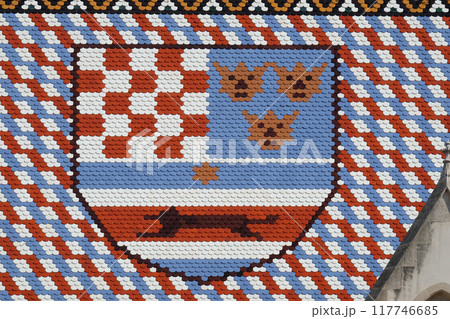 Coat of Arms Kingdom of Croatia, Slavonia and Dalmatia, checkered tiled rooftop of St Mark's church in Zagreb, Croatia Coat of Arms Kingdom of Croatia, Slavonia and Dalmatia, checkered tiled rooftop of St Mark's church in Zagreb, Croatia 117746685