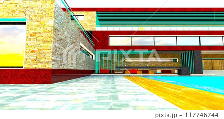 Combination of natural stone and red granite in the finishing of a modern office in the suburbs of Rotterdam. View of the employee relaxation area. 3D rendering. 117746744