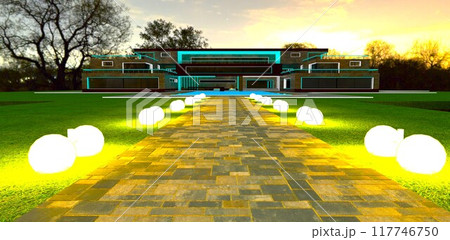Double spherical lamps on the grass along the pedestrian walkway to an upscale estate at night. Gray concrete pavers. 3D rendering. Double spherical lamps on the grass along the pedestrian walkway to an upscale estate at night. Gray concrete pavers. 3D rendering. 117746750
