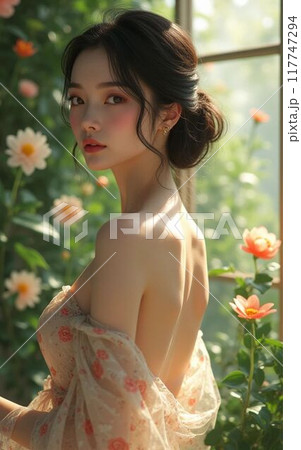 背中のあいたドレス姿の若い女性 117747294