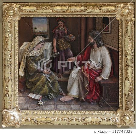 Christ in the House of Mary and Martha, main altar in the church of Saint Matthew in Stitar, Croatia 117747325