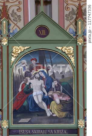13th Stations of the Cross,Jesus' body is removed from the cross, church of Saint Matthew in Stitar, Croatia 13th Stations of the Cross,Jesus' body is removed from the cross, church of Saint Matthew in Stitar, Croatia 117747336
