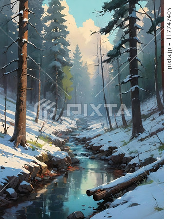 The image of a river with a rocky bed in a winter forest 117747405