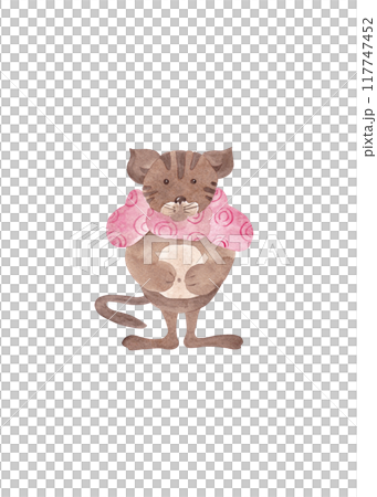 Hand drawn watercolor illustration. Watercolor print. Happy baby tiger. Brown animal with pink bow on neck. Elegant full body mammal for your design 117747452