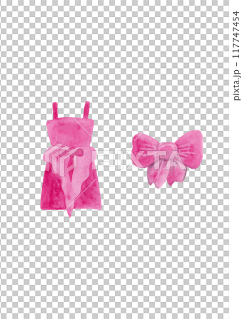 Modern outfit: pink dress with frills, big silk bow. Flat design illustration. Beautiful set. Luxury design style 117747454
