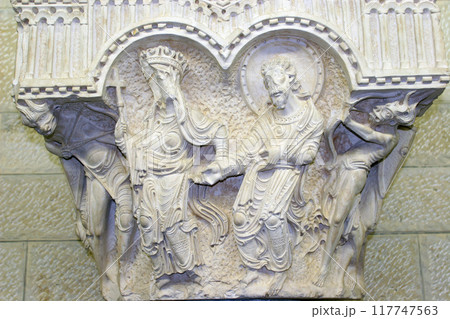 Capital called the Fides Ecclesia from the Crusader church in the Church of Saint Joseph in Nazareth, Israel Capital called the Fides Ecclesia from the Crusader church in the Church of Saint Joseph in Nazareth, Israel 117747563