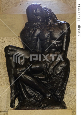 Pieta, sculpture by Ivan Mestrovic, church of St. Mark in Zagreb, Croatia 117747643