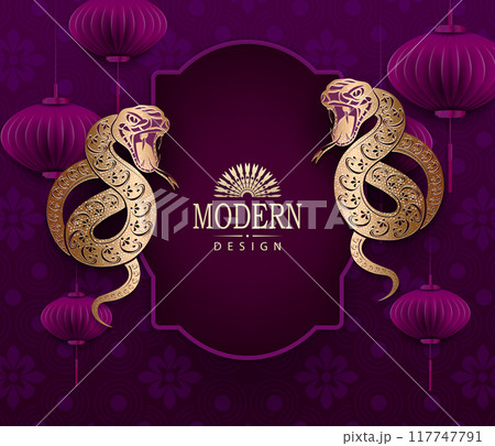 Happy Chinese New Year, textured burgundy card with snakes and figured frame 117747791