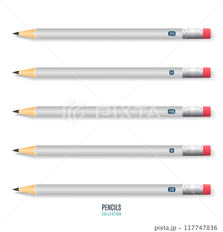 set of realistic sharpened gray pencils with eraser and shadow isolated on white background. stationery for drawing and work. vector illustration set of realistic sharpened gray pencils with eraser and shadow isolated on white background. stationery for drawing and work. vector illustration 117747836