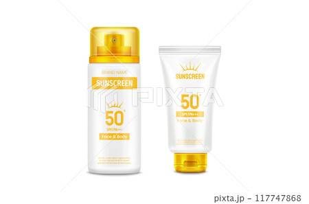 Sunscreen cream bottle and tube with yellow cap. Sunscreen cream bottle and tube with yellow cap. 117747868