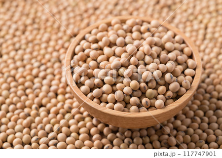 Soy bean seeds in wooden bowl with soy bean background 117747901