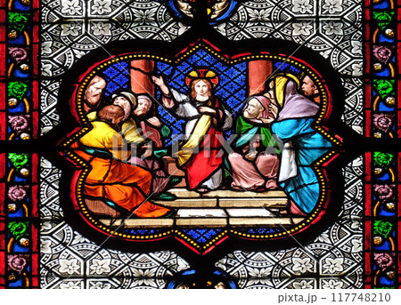 Jesus in the Temple, stained glass window in the Basilica of Saint Clotilde in Paris, France 117748210