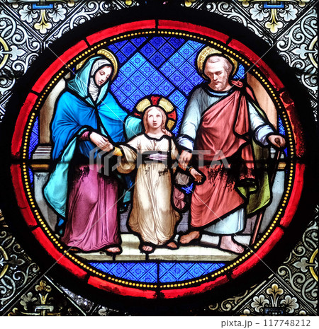 Holy Family, stained glass window in the Basilica of Saint Clotilde in Paris, France Holy Family, stained glass window in the Basilica of Saint Clotilde in Paris, France 117748212