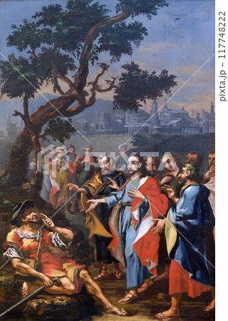 Miracles of Jesus. Healing the blind, church of Immaculate Conception in Lepoglava, Croatia. Miracles of Jesus. Healing the blind, church of Immaculate Conception in Lepoglava, Croatia. 117748222