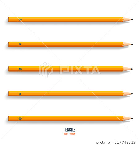 set of realistic sharpened yellow pencils with shadow isolated on white background. stationery for drawing and work. vector illustration 117748315