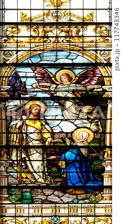 Jesus appears to his mother, stained glass window in the Basilica of the Sacred Heart of Jesus in Zagreb, Croatia 117748346