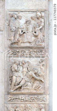 Jacob and the Angel by Niccolo Tribolo up and Benjamin brings the cup to Pharaoh by Francesco da Milano, left door of San Petronio Basilica in Bologna, Italy Jacob and the Angel by Niccolo Tribolo up and Benjamin brings the cup to Pharaoh by Francesco da Milano, left door of San Petronio Basilica in Bologna, Italy 117748379
