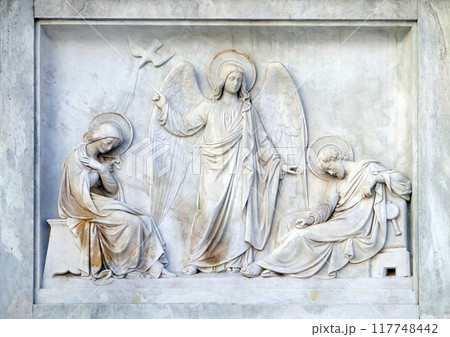 Joseph's dream on the Column of the Immaculate Conception on Piazza Mignanelli in Rome, Italy 117748442