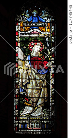 Saint Cecilia on the stained glass of All Saints' Anglican Church, Rome, Italy Saint Cecilia on the stained glass of All Saints' Anglican Church, Rome, Italy 117748448