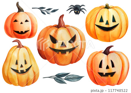 Halloween orange pumpkins set watercolor isolated background. Hand drawn autumn clipart. Cartoon pumpkins, spider, leaf  117748522
