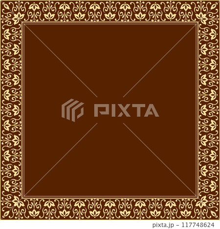 Decorative frame Elegant vector element for design in Eastern style, place for text. Floral golden and brown border. Lace illustration for invitations and greeting cards Decorative frame Elegant vector element for design in Eastern style, place for text. Floral golden and brown border. Lace illustration for invitations and greeting cards 117748624