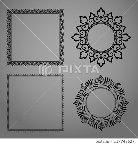 Set of decorative frames Elegant vector element for design in Eastern style, place for text. Floral black and gray borders. Lace illustration for invitations and greeting cards Set of decorative frames Elegant vector element for design in Eastern style, place for text. Floral black and gray borders. Lace illustration for invitations and greeting cards 117748627