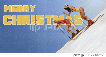 Poster. Contemporary art collage. Two women, friends in minimalist ski gear on snow mountain during ski resort. Textured effect. 117748757