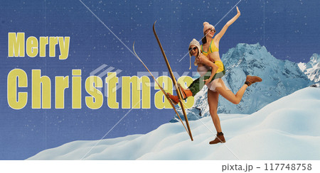Poster. Contemporary art collage. Two women in vintage ski outfits, balancing mid-air, capture fun, carefree holiday spirit. Textured effect. 117748758