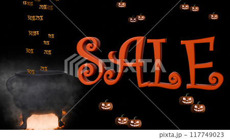 Halloween Sale Percentages Fall Into Pot, Text Sale and Flying Pumpkins, Black Background Halloween Sale Percentages Fall Into Pot, Text Sale and Flying Pumpkins, Black Background 117749023