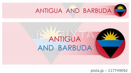 Antigua and Barbuda flag horizontal web banner in modern neomorphism style. Webpage Antigua country header button for mobile application or internet site. Vector 117749092