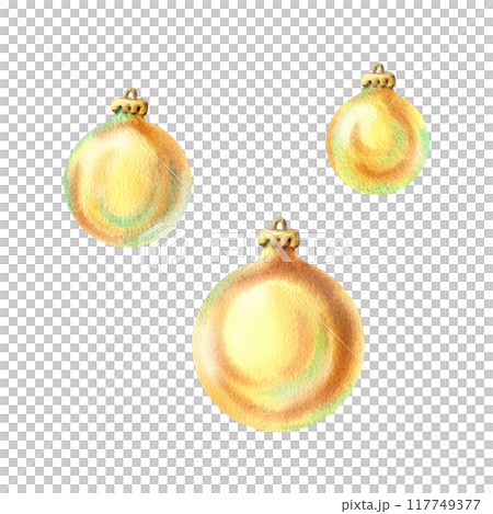 New Year's balls round gold with a fastening for hanging, shiny, voluminous, simple, different sizes. Watercolor illustration drawn by hand. Set of individual elements isolated from the background. New Year's balls round gold with a fastening for hanging, shiny, voluminous, simple, different sizes. Watercolor illustration drawn by hand. Set of individual elements isolated from the background. 117749377