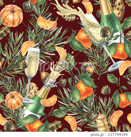 Christmas collection with tangerines, sweets, spices, champagne and plants. Watercolor illustration, hand drawn for holiday decor. Seamless pattern on a burgundy background. Christmas collection with tangerines, sweets, spices, champagne and plants. Watercolor illustration, hand drawn for holiday decor. Seamless pattern on a burgundy background. 117749394