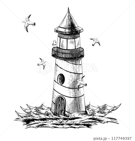 Striped sea lighthouse with flying seagull standing on grass on seashore with waves. Graphic linear drawing, hand drawn in black and white monochrome. nautical, marine compositions Striped sea lighthouse with flying seagull standing on grass on seashore with waves. Graphic linear drawing, hand drawn in black and white monochrome. nautical, marine compositions 117749397