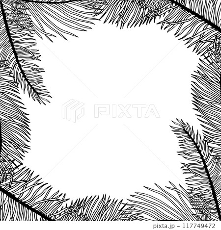 Line tropical palm leaves square frame black and white vector illustration with ink twigs and branches. Jungle florals label template for postcard, invitation, banner or poster Line tropical palm leaves square frame black and white vector illustration with ink twigs and branches. Jungle florals label template for postcard, invitation, banner or poster 117749472