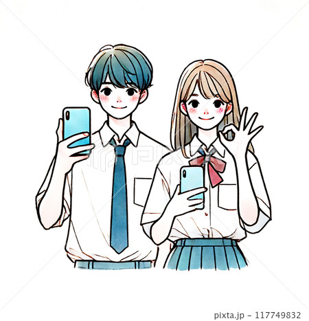 スマホを持ってOKサインを出している高校生カップル 117749832