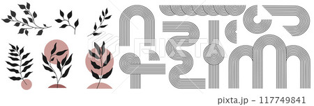Zen arch set, simple line arch, botanical elements and geometric shapes. Geometric Japanese zen pattern minimal elements. Boho style strips. 117749841