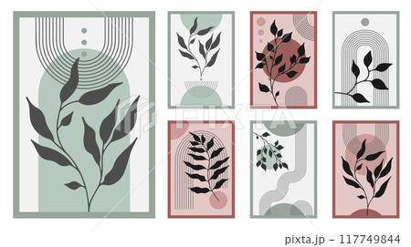 Zen arch poster set with botanical element, simple line arch shapes, and leavs. Geometric Japanese zen pattern minimal elements. Boho style strips, 117749844