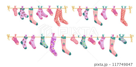 Clothesline socks illustration set. Socks on a rope, Baby socks with patterns vector cartoon. Clothesline socks illustration set. Socks on a rope, Baby socks with patterns vector cartoon. 117749847