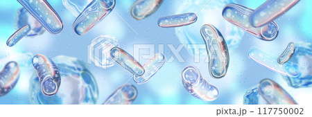 3D probiotic medical background, blue microbiota bacillus microbiology banner microflora render. 3D probiotic medical background, blue microbiota bacillus microbiology banner microflora render. 117750002