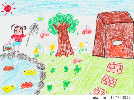 子供が描いた庭で遊んでいる子供の絵 117750097
