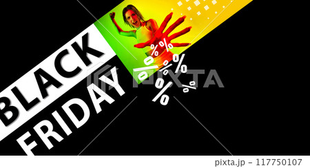 Banner. Emotional woman with hand extended, surrounded by flying percentage symbols against black background with negative. 117750107