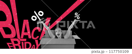 Poster. Happy woman peaking out of card box and raising hands with bigger and smaller percentages against black background with colorful inscription. Poster. Happy woman peaking out of card box and raising hands with bigger and smaller percentages against black background with colorful inscription. 117750109