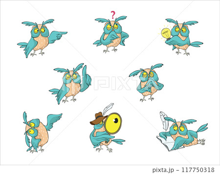 Cute Owl Funny Cartoon, different positions and expressions. Isolated Vector Set. Editable colors. Cute Owl Funny Cartoon, different positions and expressions. Isolated Vector Set. Editable colors. 117750318