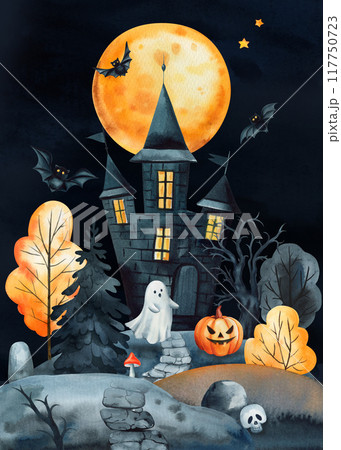 Watercolor scary house, ghost pumpkin, moon and bats. Mystical house for Halloween postcard. Hand drawing spooky poster 117750723