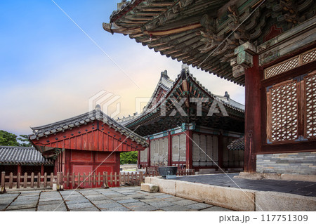 Traditional wooden pavilion architecture of the buildings in the part of Changgyeonggung Palace. Seoul, South Korea, framed by ornate wooden structures. 117751309