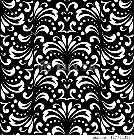 Wallpaper in the style of Baroque. Seamless vector background. White and black floral ornament. Graphic pattern for fabric, wallpaper, packaging. Ornate Damask flower ornament. 117751395