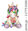 Cute unicorn  cartoon,  solated on white. Watercolor illustration. 117751688