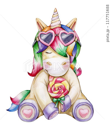 Cute unicorn cartoon, solated on white. Watercolor illustration. Cute unicorn cartoon, solated on white. Watercolor illustration. 117751688