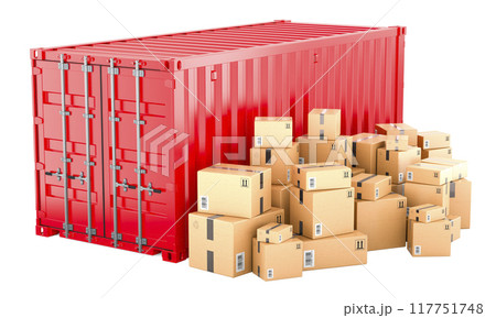 Cargo container with heap of cardboard boxes, parcels. Cargo shipping, concept. 3D rendering Cargo container with heap of cardboard boxes, parcels. Cargo shipping, concept. 3D rendering 117751748