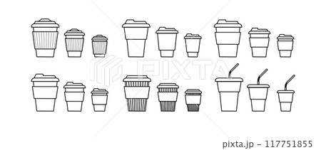 Coffee cup line and flat style. Disposable coffee cup. Coffee paper cup container for hot and cold drink juice tea cocoa. Vector 117751855